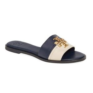 TORY BURCH Navy Blue/Cream  Leather Eleanor Logo Plaque Slide Sandals Sz 8.5
